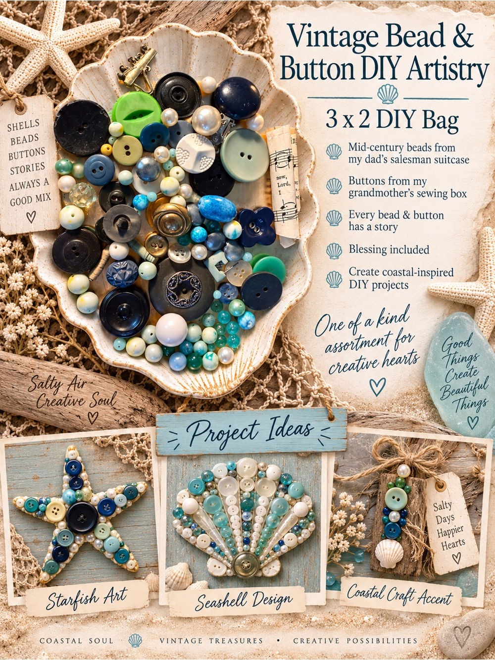 Vintage Bead & Button DIY Artistry - Blue, Green, Cream